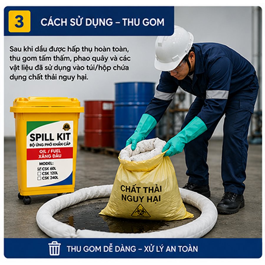 Spill Kit 60L – Bộ Ứng Cứu Tràn Dầu Và Hóa Chất 60 Lít Có Bánh Xe 5 Spill kit 60L bộ ứng cứu tràn dầu và hóa chất – bước 3 thu gom