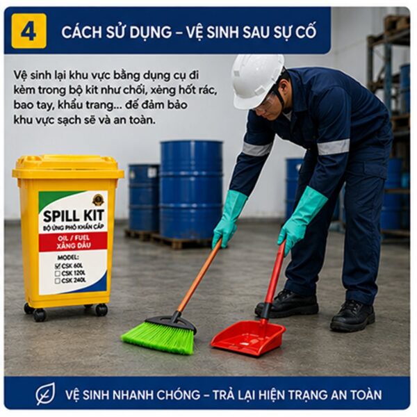 Spill kit 60L bộ ứng cứu tràn dầu và hóa chất – bước 4 vệ sinh
